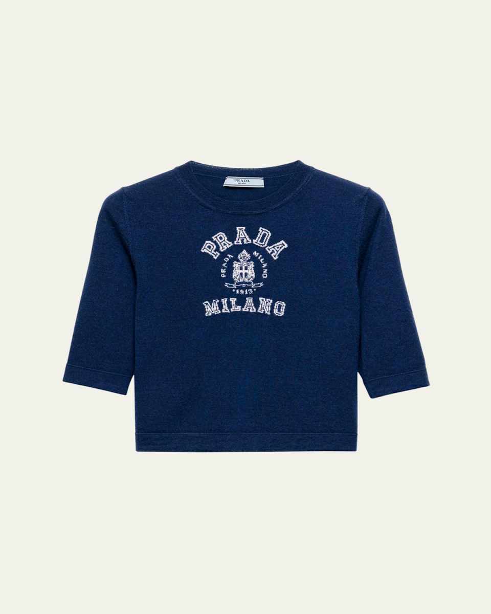 Intarsia Logo Short-Sleeve Cashmere Sweater